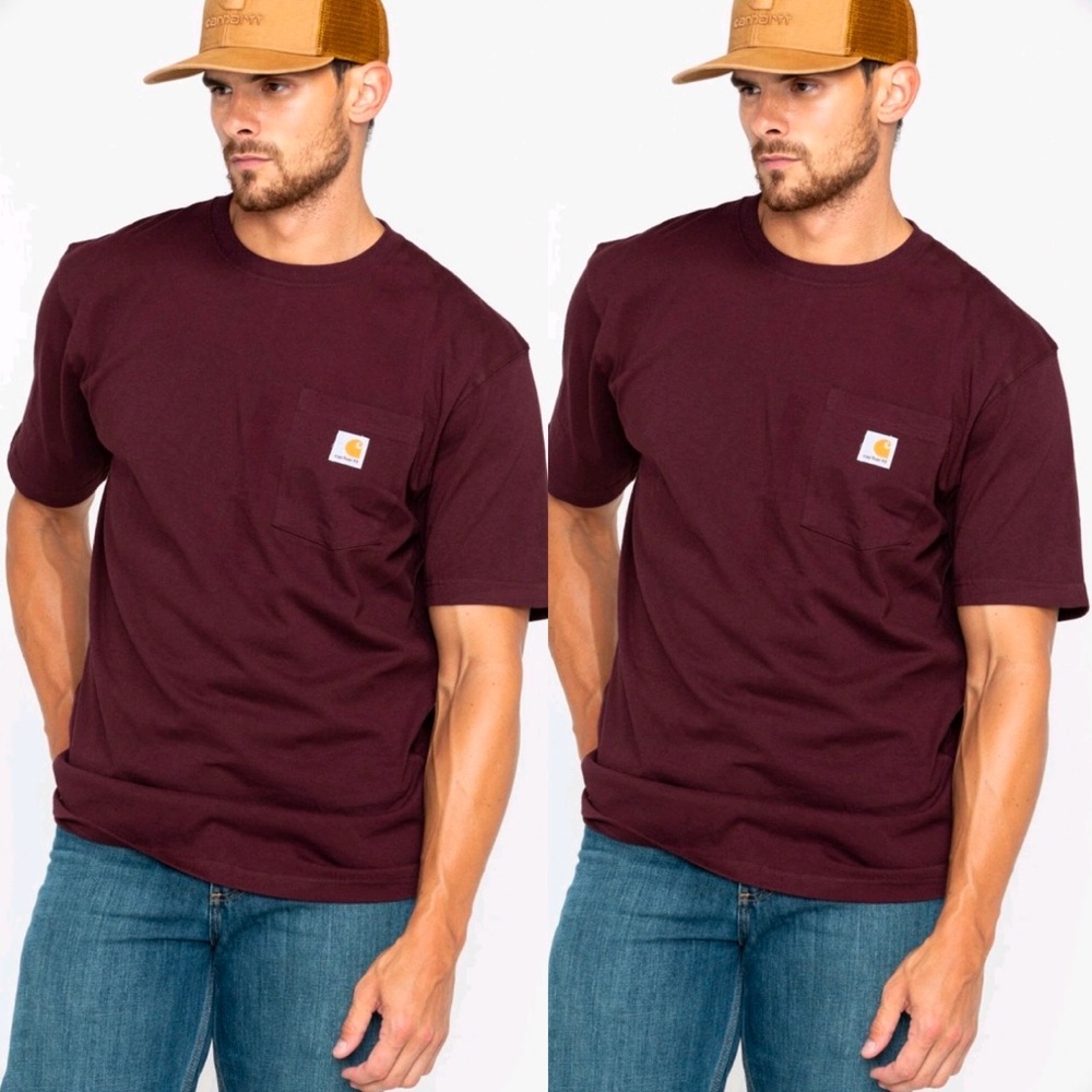 Carhartt Fit Heavy Weight Logo Pocket Work Burgundy T-Shirt 3 XL Tall‎ #104